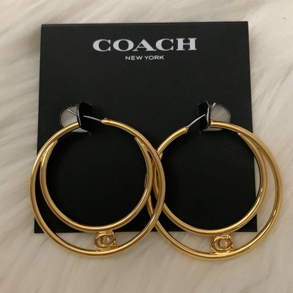 COACH Signature Double Hoop Earrings in Gold - Picture 1 of 2